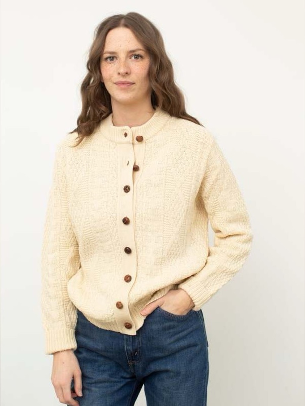VTG 100% cotton Cream Textured Button-Up Women's Sweater - Picture 9 of 9